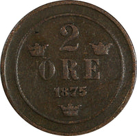 Sweden Oscar II Copper 1875/74 2 Ore OVERDATE SCARCE KM# 735 (18 528)