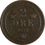 Sweden Oscar II Copper 1875/74 2 Ore OVERDATE SCARCE KM# 735 (18 528)