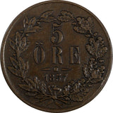 SWEDEN Oscar I Bronze 1857 5 Ore Mintage-731,000  KM# 690 (20 425)