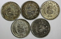 Peru Silver LOT OF 5 COINS 1875-1907 1/5 Sol Seated Liberty Toned KM# 191 (135)