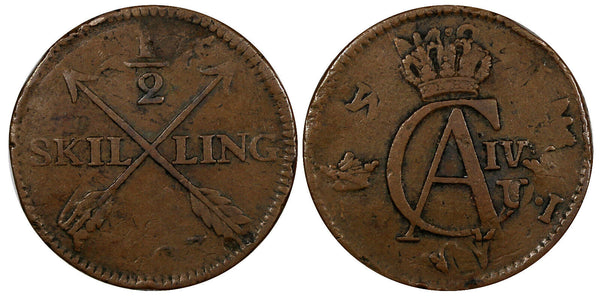 SWEDEN COPPER 1803 1/2 SKILLING OVERSTRUCK ON 1 ORE S.M. 1748 FULL DATE (383)