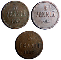 Finland Russia Alexander II  LOT of 3 COINS 1866 and 1867 5 Pennia KM# 4.1 (681)