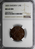 Sweden Gustaf IV Adolf Copper 1805 1/4 Skilling NGC MS63 BN Nice Coin KM# 564