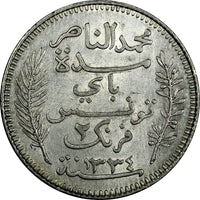 Tunisia Muhammad V Silver 1334 (1915) A 2 Francs aUNC Toned KM# 239 (18 909)