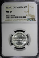 Germany, Weimar Republic 1920 D 50 Pfennig NGC MS64 GEM BU Munich Mint KM# 27(5)