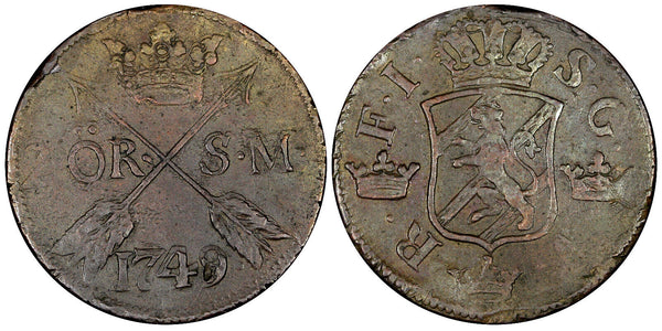 Sweden Frederick I 1749 2 Ore, S.M.Low Mintage-313,000 Better Details KM# 437(4)