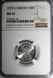 SWEDEN Gustaf V Silver 1939 G 50 Ore NGC MS63 1 GRADED HIGHEST  KM# 788 (130)