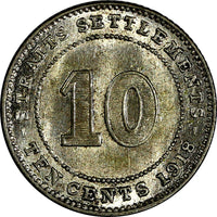 Straits Settlements George V Silver 1918 10 Cents aUNC KM# 29a (15 549)