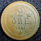 SWEDEN Oscar II Bronze 1901  2 Ore Large Letters KM# 746  (23 112)