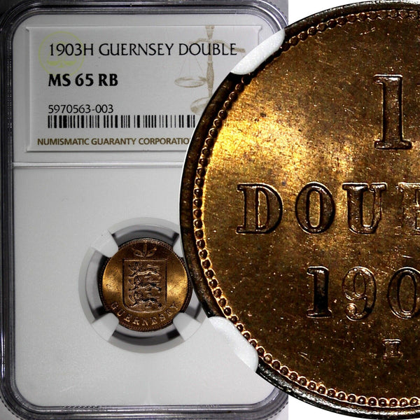 Guernsey Bronze 1903 H 1 Double Heaton's Mint NGC MS65 RB TOP GRADED KM# 10 (03)