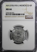 Morocco Mohammed V Aluminum AH1370 (1951) 5 Francs NGC MS66 GEM BU Y# 48