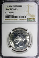 SWEDEN Gustaf V Silver 1914 W 2 Kronor NGC UNC DETAIL SCARCE DATE KM# 787 (003)