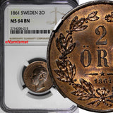 Sweden Carl XV Bronze 1861 2 Öre NGC MS64 BN NICE TONED TOP GRADED KM#706 (215)