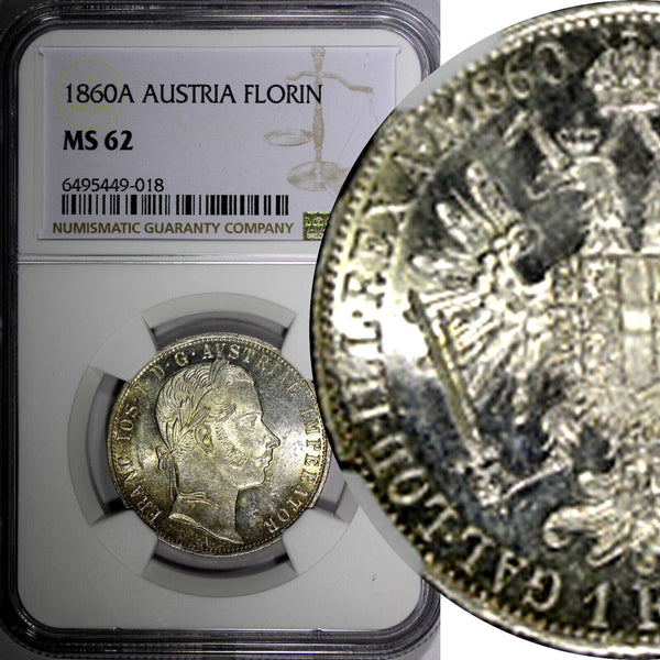 AUSTRIA Franz Joseph I Silver 1860 A 1 Florin NGC MS62 NICE TONING KM# 2219 (8)
