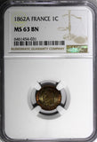 France Napoleon III Bronze 1862 A 1 Centime NGC MS63 BN Paris Mint KM# 795.1 (1)