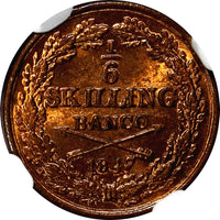 SWEDEN Oscar I Copper 1847 1/6 Skilling NGC MS65 RB TOP GRADED BY NGC KM# 656(4)