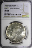 SWEDEN Silver 1952 ST 5 Kronor NGC MS63 70th Birthday Gustaf VI Adolf KM# 828(1)