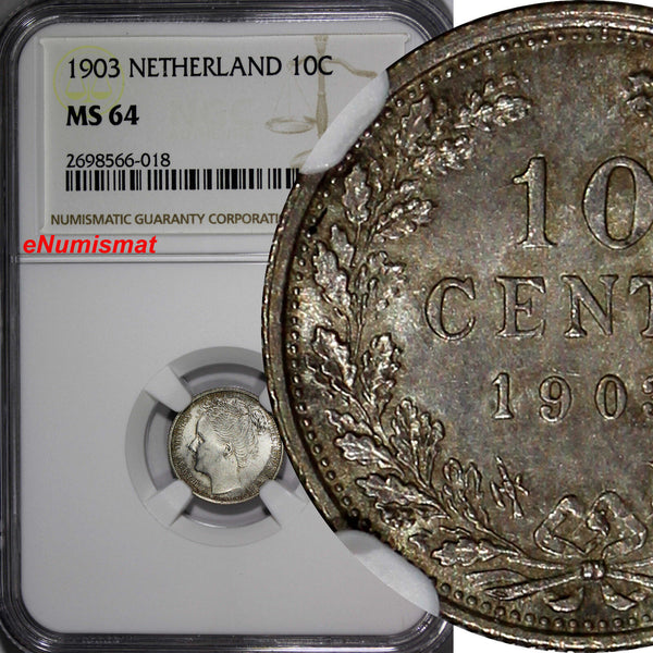 Netherlands Wilhelmina I Silver 1903 10 Cents NGC MS64 1 YEAR  SCARCE KM# 135(8)