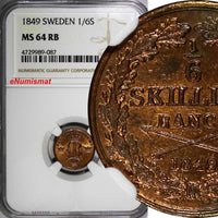 SWEDEN Oscar I Copper 1849 1/6 Skilling Mintage-536,544 NGC MS64 RB KM# 656 (87)