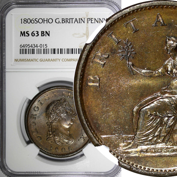 Great Britain George III Copper 1806 1 Penny Soho Mint NGC MS63 BN KM# 663 (015)