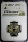 Norway Haakon VII Copper-Nickel 1950 1 Krone NGC MS64 NICE TONED KM# 385 (132)