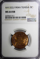 Tunisia Muhammad IV Bronze AH1322//1904 A 5 Centimes NGC MS64 RB KM# 228 (011)