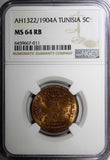 Tunisia Muhammad IV Bronze AH1322//1904 A 5 Centimes NGC MS64 RB KM# 228 (011)