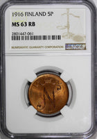 Finland Russian Tsar Nicolas II (1895-1917) 1916 5 Pennia NGC MS63 RB KM# 15