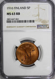 Finland Russian Tsar Nicolas II (1895-1917) 1916 5 Pennia NGC MS63 RB KM# 15