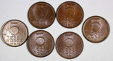 Norway Olav V BRONZE LOT OF 6 COINS 1973-1982 5 Øre UNC KM# 415 (20 801)