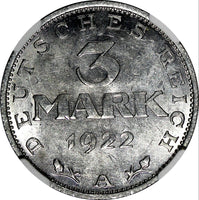 Germany,Weimar Republic 1922 A 3 Mark NGC MS63 LEGEND AROUND EAGLE KM# 29 (031)