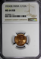 India-British George V Bronze 1924 (B) 1/12 Anna NGC MS64 RB KM# 509