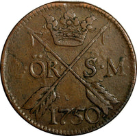 SWEDEN Frederick I (1720-51) 1750 2 Ore Mintage-353,100 Avesta KM# 437 (15 114)