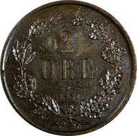 SWEDEN Carl XV Adolf Bronze 1861 2 Ore UNC Toned KM# 706