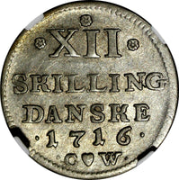 Denmark Frederik IV Silver 1716 CW 12 Skilling NGC AU53 TOP GRADED KM# 504 (013)