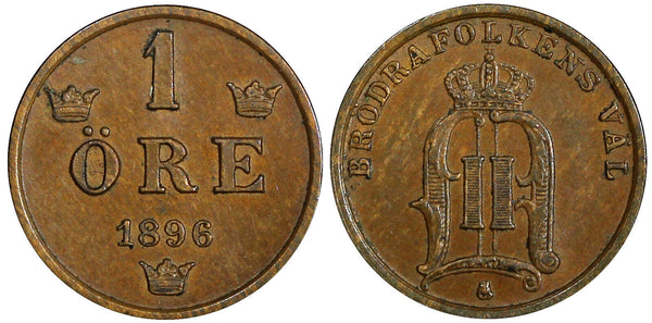 Sweden Oscar II Bronze 1896 1 Öre Extra Large letters UNC KM# 750 (21 930)