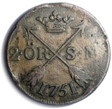 Sweden Adolf Frederick Copper 1751 2 Ore, S.M. Mintage-353,000 KM# 461(4544)