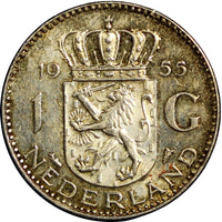 Netherlands Juliana I Silver 1955 1 Gulden 25mm KM# 184