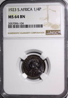 SOUTH AFRICA George V Bronze 1923 1/4 Penny NGC MS64 BN Mintage-33,000 KM# 12.1
