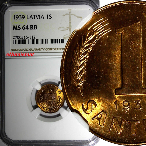 LATVIA Bronze 1939 1 Santims NGC MS64 RB Nice Red Toning BU KM# 10 (112)