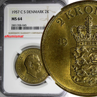 Denmark Frederik IX Aluminum-Bronze 1957 C S 2 Kroner NGC MS64 31mm KM# 838.2(5)