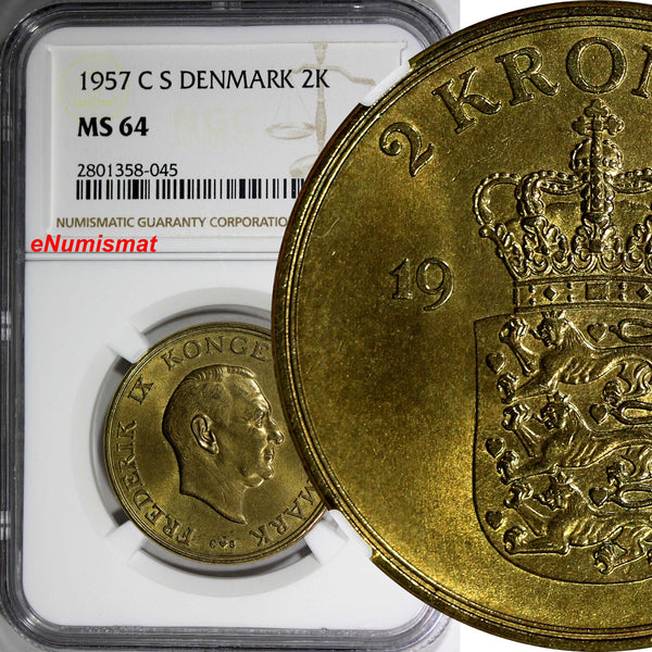 Denmark Frederik IX Aluminum-Bronze 1957 C S 2 Kroner NGC MS64 31mm KM# 838.2(5)
