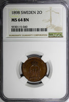 Sweden Oscar II Bronze 1898 2 Ore NGC MS64 BN 1 GRADED HIGHEST KM# 746 (040)