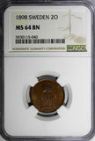 Sweden Oscar II Bronze 1898 2 Ore NGC MS64 BN 1 GRADED HIGHEST KM# 746 (040)