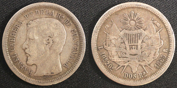 GUATEMALA Silver 1865 R 2 Reales Rafael Carrera Mintage-410 008 KM# 139 (23 320)