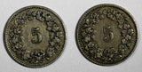 Switzerland LOT OF 2 COINS 1879,1899  5 Rappen BETTER SCARCE DATES KM# 26 (733)
