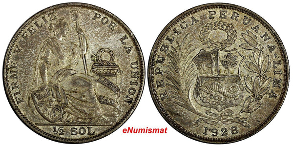 PERU Silver 1928 LIMA GM  1/2 Sol 30mm VF/XF Condition Toning  KM# 216 (13 500)