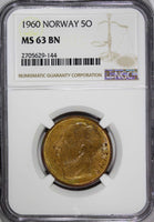 Norway Olav V Bronze 1960 5 Øre NGC MS63 BN  KM# 405 (144)