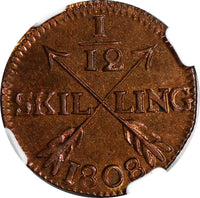 SWEDEN Gustaf IV Copper 1808 1/12 Skilling NGC MS64 RB ONLY 1GRADED HIGHER KM563