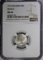 Belgium Albert I Silver 1912 50 Centimes French NGC MS64 Toned KM# 70 (041)